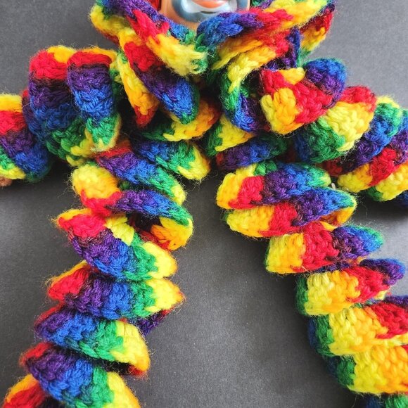 Vtg Curlicue Crochet Clown Doll Rubber Face Handmade Toy Variegated Yarn Pompom - Picture 6 of 9